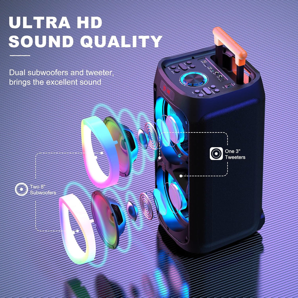 Karaoke Machine with 2 Wireless Microphones, 8" Bluetooth Party Speaker with DJ Light, Rolling Wheels and Trolley J2731
