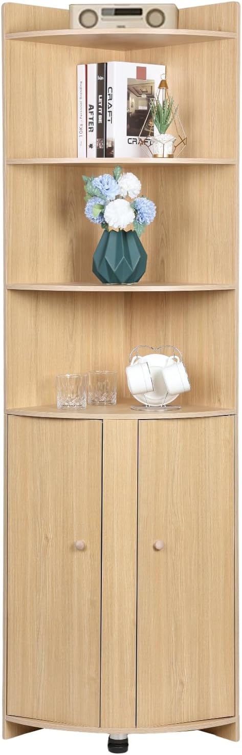 Tall Bathroom Corner Cabinet with Barn Door Design & Open Shelves N1203