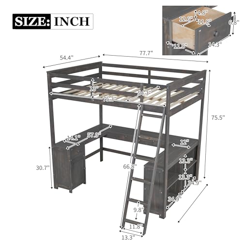 Full Size Solid Wood Loft Bed with Desk and Storage Drawers (White) N219