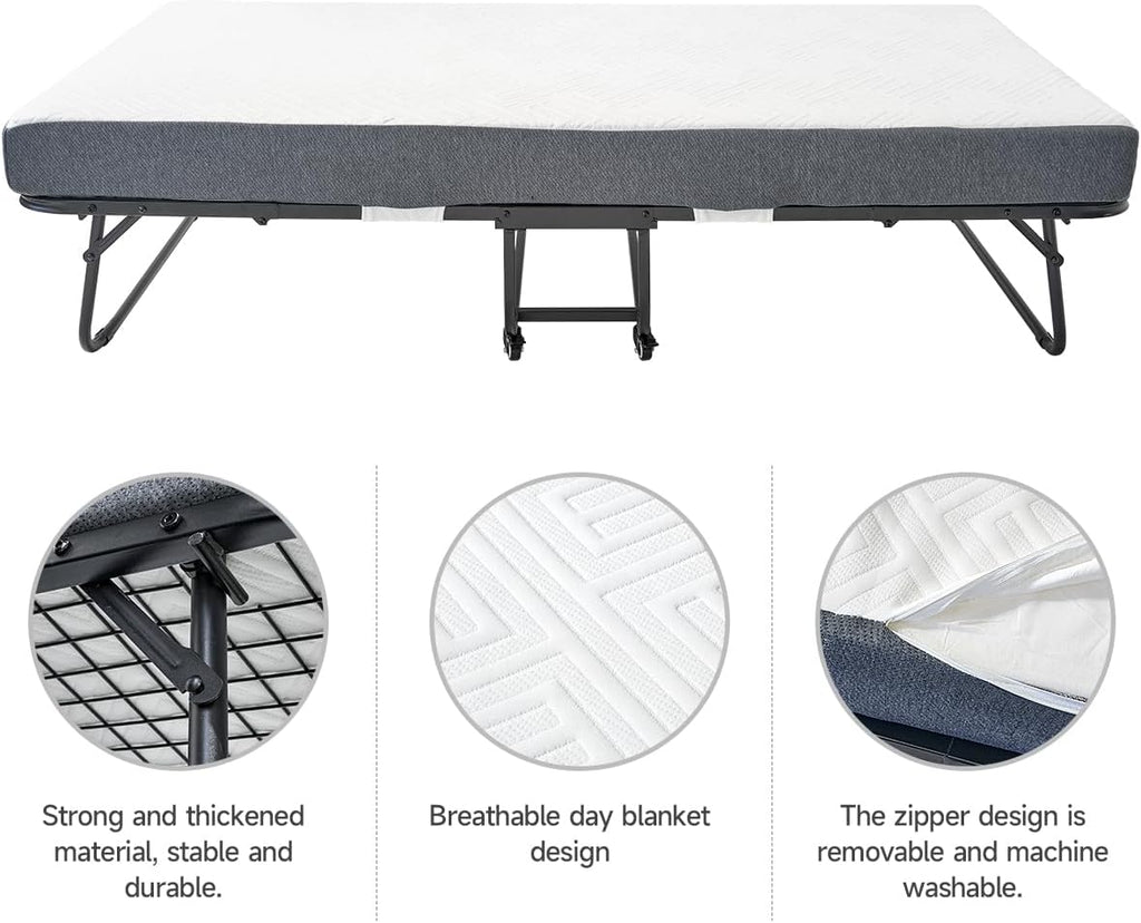 Folding Bed with 5.2" Thick Memory Foam Mattress, 79 * 35inch, Metal Folding Frame A250108