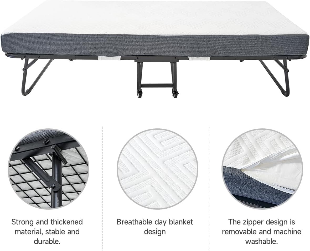 Folding Bed with 5.2" Thick Memory Foam Mattress, 79 * 35inch, Metal Folding Frame A250108