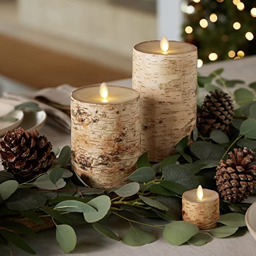Flameless Candle Pillar with Real Birch Bark Moving Flame LED Battery Operated Lights Unscented (3.5 x 4.5-inch) V206159