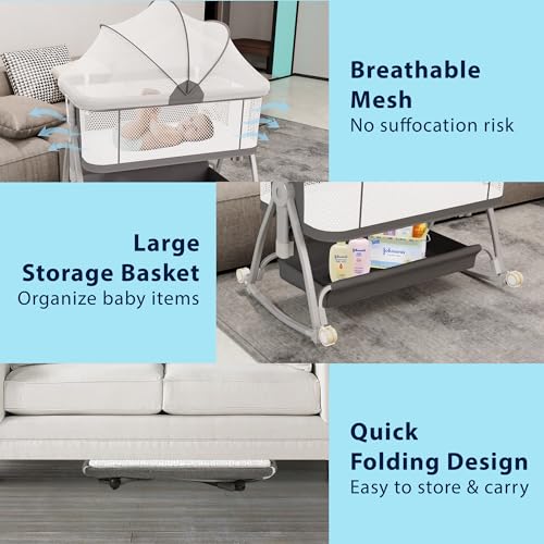 Baby Bassinet Bedside Sleeper, 3 in 1 Rocking Bassinet with Wheels, Adjustable Height, Storage, Mattress & Canopy X3850