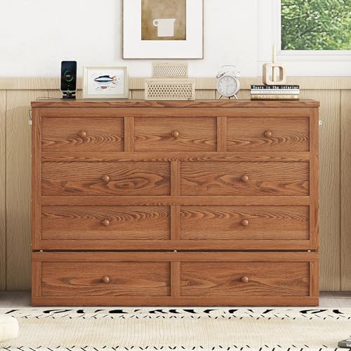 Queen Size Walnut Cabinet Murphy Bed with Drawer W716909