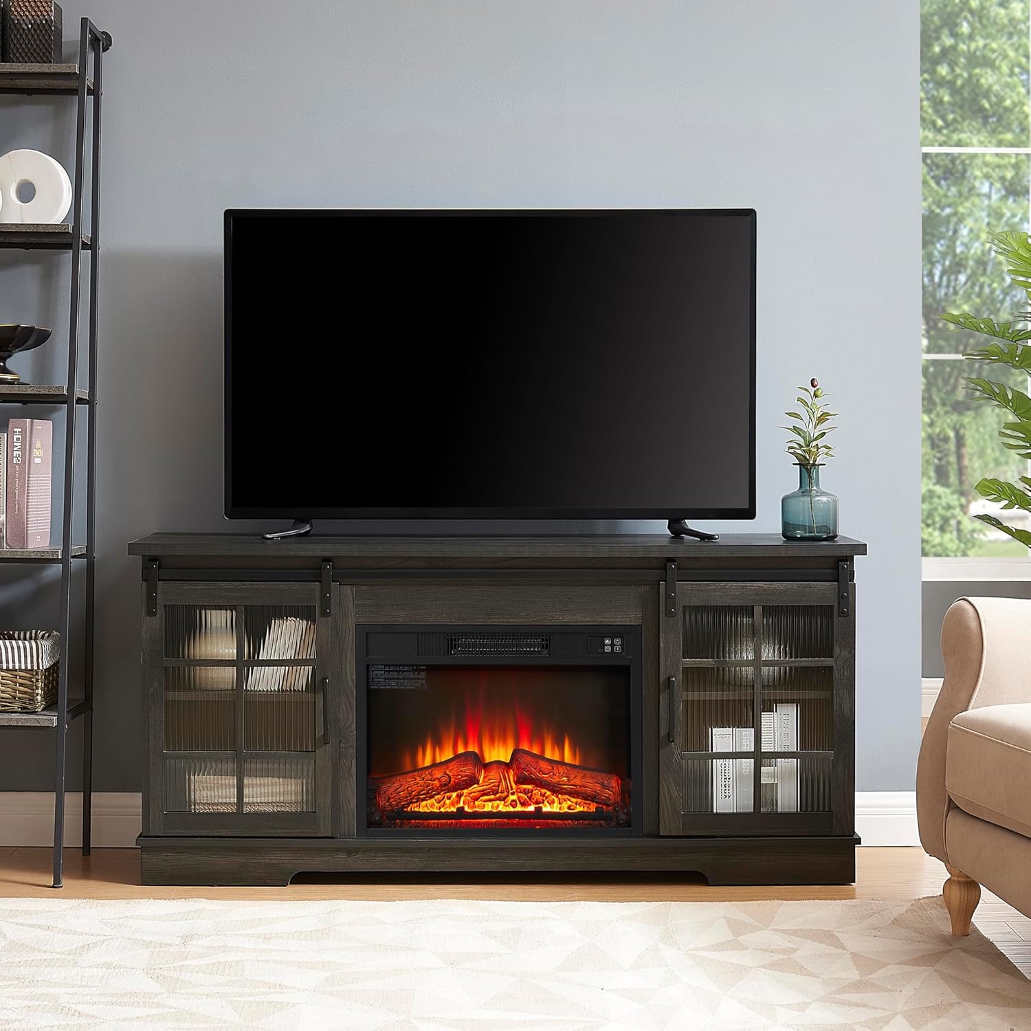 Charcoal Grey Fireplace TV Stand with Storage Drawers and Sliding Door J9751