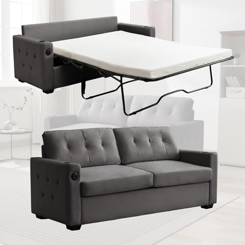 Beige Queen Pull Out Sofa Bed with Memory Foam Mattress K5370