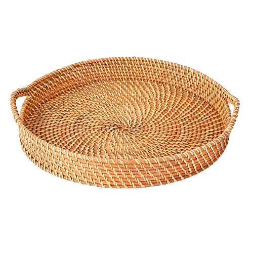 Round Wicker Rattan Tray 18 inches Hand Woven Natural Serving Tray with Handles O282843