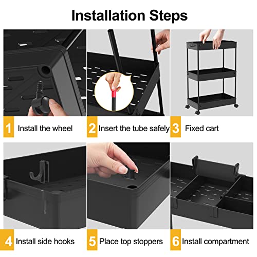 Black 3 Tier Rolling Cart with Wheels U382