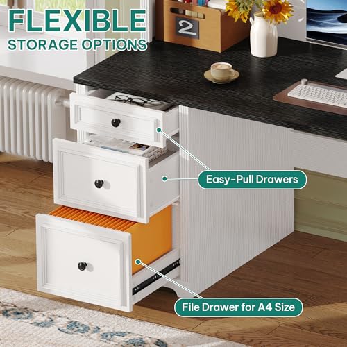 White & Black Executive Desk with Hutch and Drawers, Power Outlet & LED Lights, Storage Shelves, Storage Cabinet with Glass Door H3563