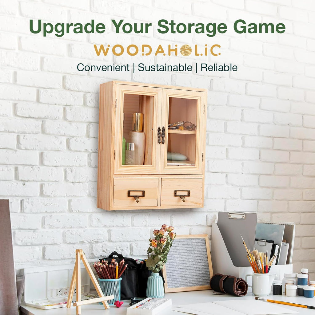 Mini Table Top Storage Cabinet with Clear Glass Doors, 2 Bottom Drawers, Light Wood Grain A784