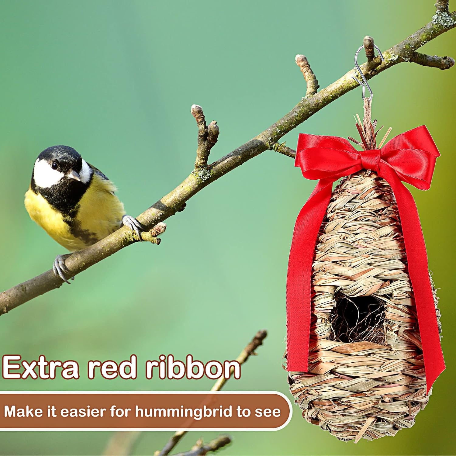 3 Pack Hummingbird Nest House with Coconut Fiber Nesting Material Red Ribbon Woven Nest A20274