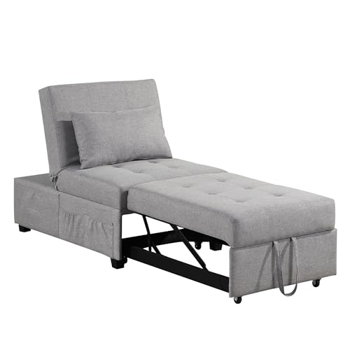 4 in 1 Convertible Linen Fabric Sleeper Chair Bed Ottoman with Adjustable Backrest & Pillow W621846