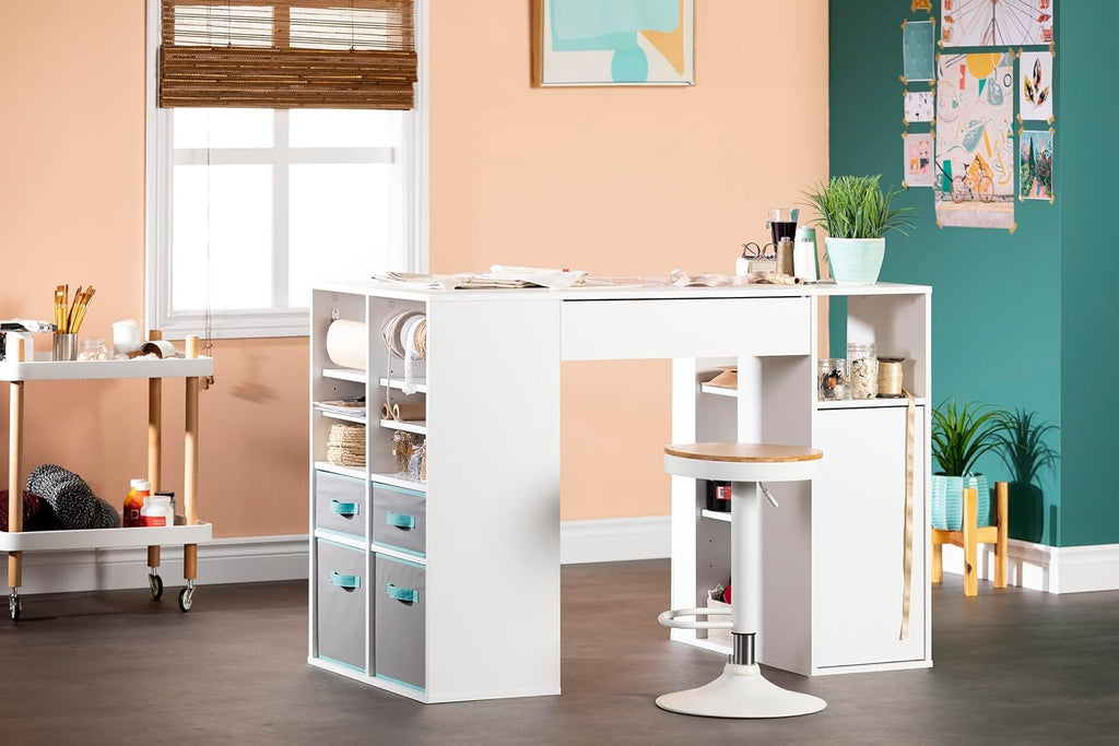 Pure White Counter-Height Craft Table with 4 baskets P128677
