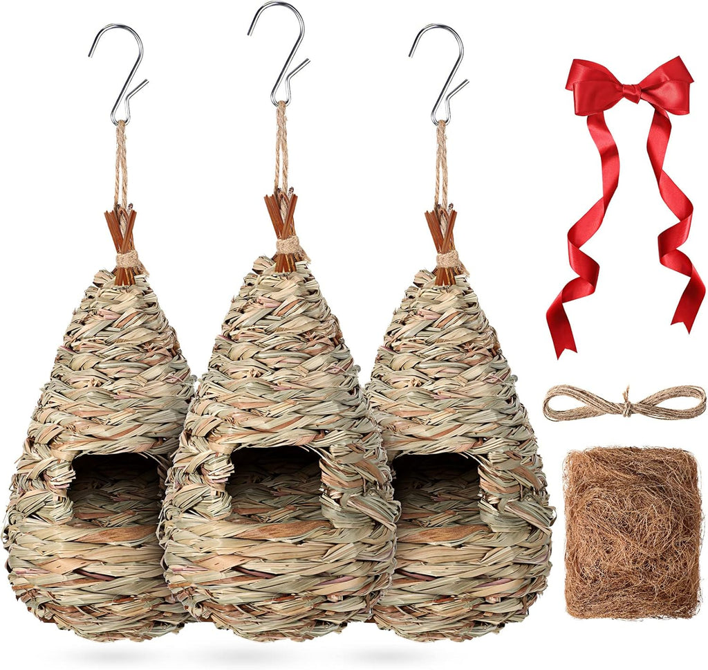 3 Pack Hummingbird Nest House with Coconut Fiber Nesting Material Red Ribbon Woven Nest A20274