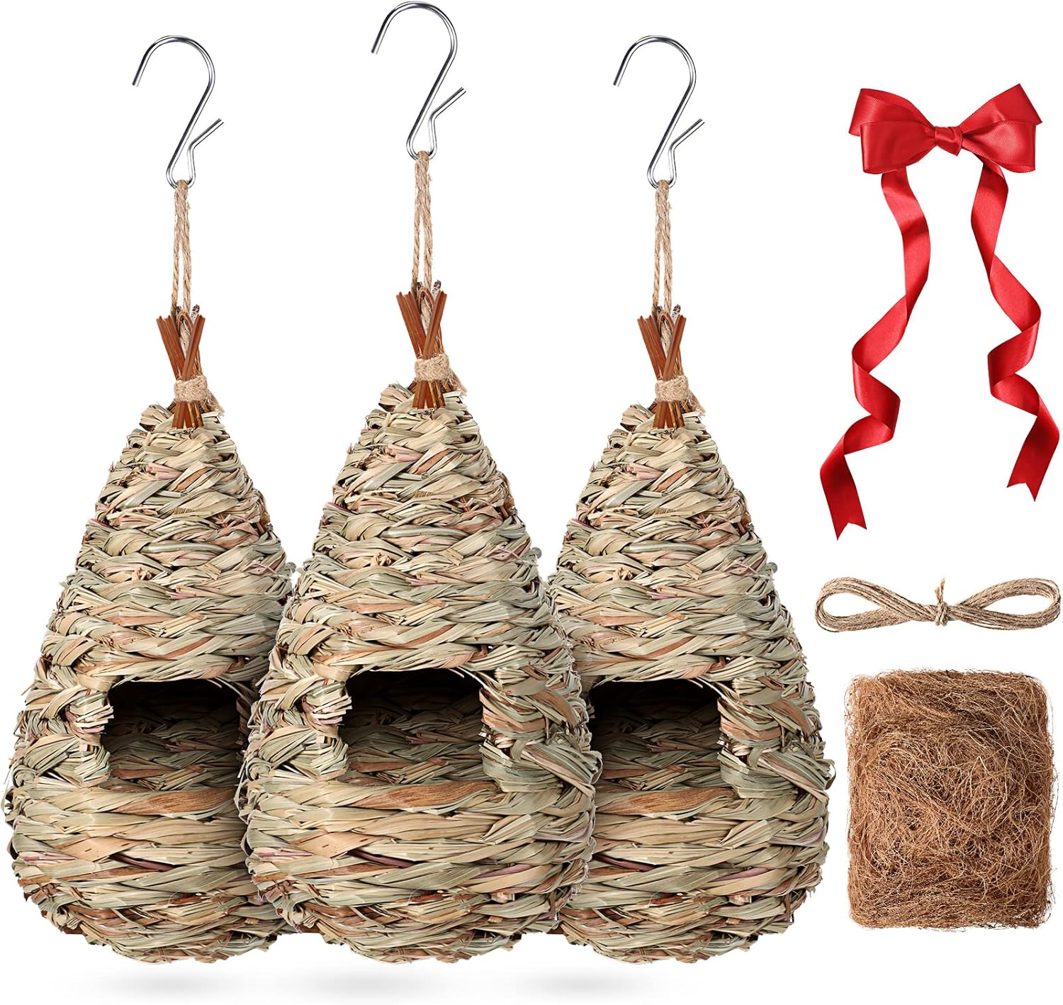 3 Pack Hummingbird Nest House with Coconut Fiber Nesting Material Red Ribbon Woven Nest A20274