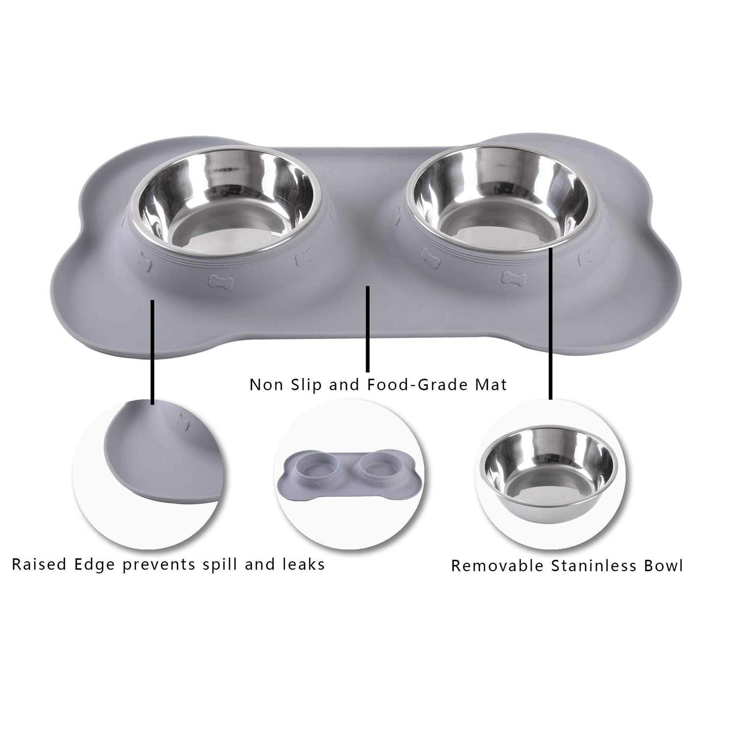 2 Stainless Steel Dog Bowl with Silicone Mat + Pet Food Scoop V48684