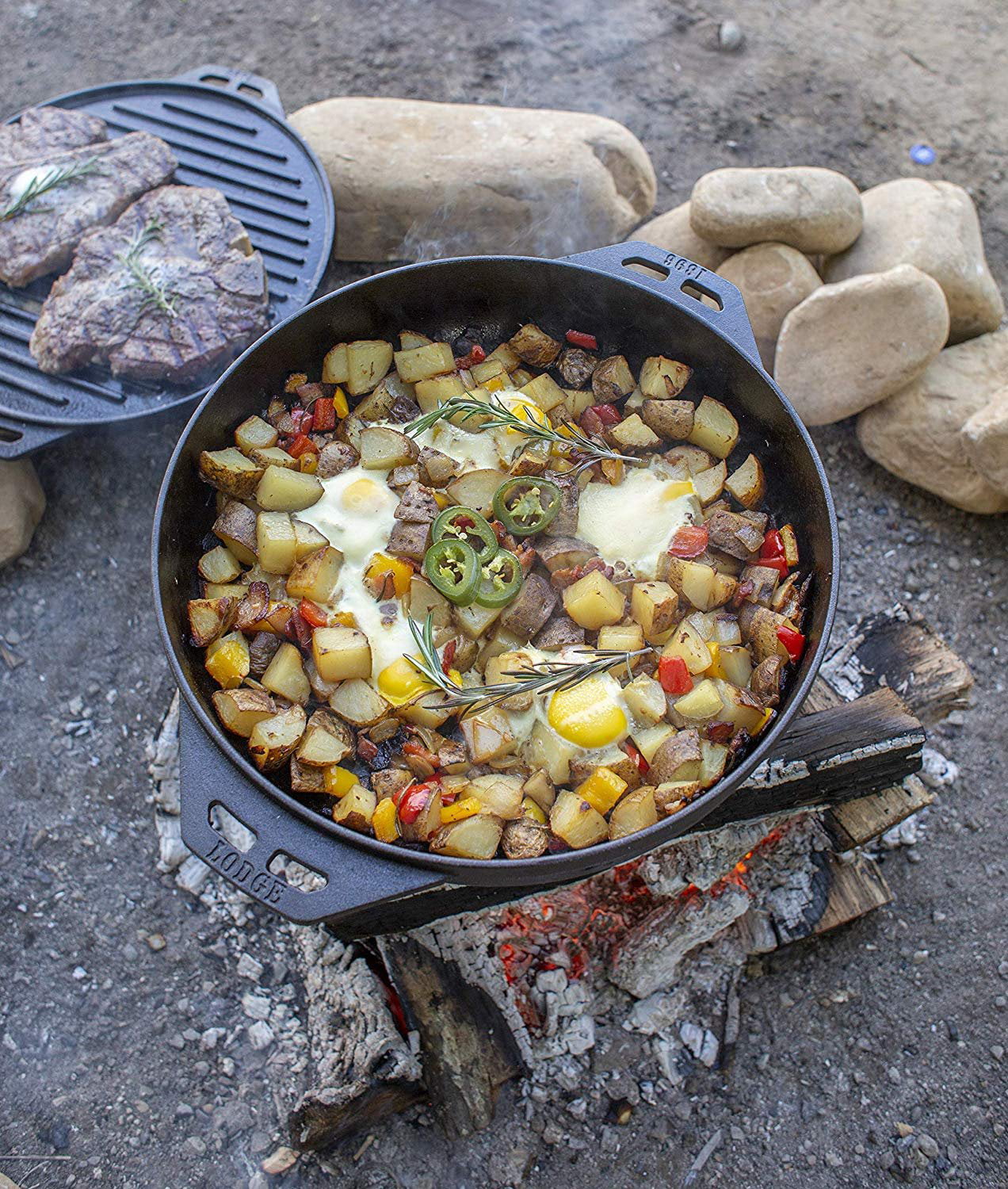 Five-Piece Cast Iron Set with Reversible Grill/Griddle 14 Inch and 6.8 Quart Bottom/Wok J6270