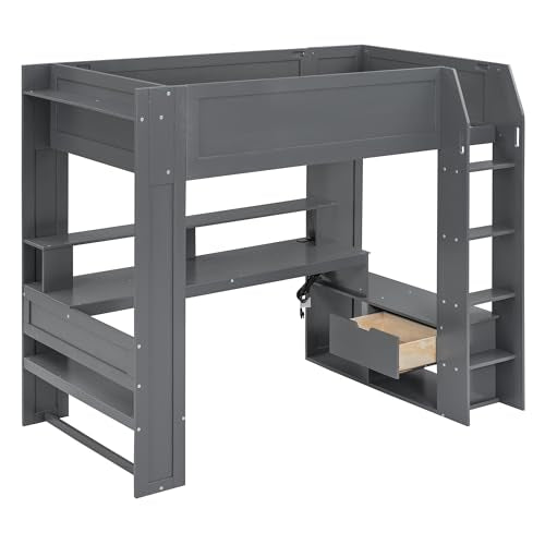 Dark Gray Wood Twin Size Gaming Loft Bed with Desk and Shelves A273908