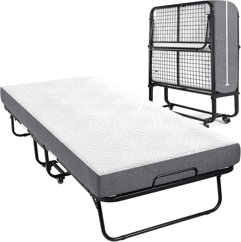 Folding Bed with 5.2" Thick Memory Foam Mattress, 79 * 35inch, Metal Folding Frame A250108