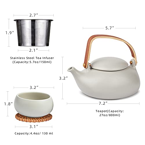 27 oz Ceramic Japanese Teapot with Fine Stainers and 4 Cups F940086