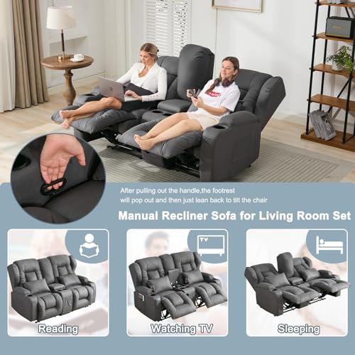 65" Manual Reclining Loveseat Sofa with Console and Cup Holders R10216