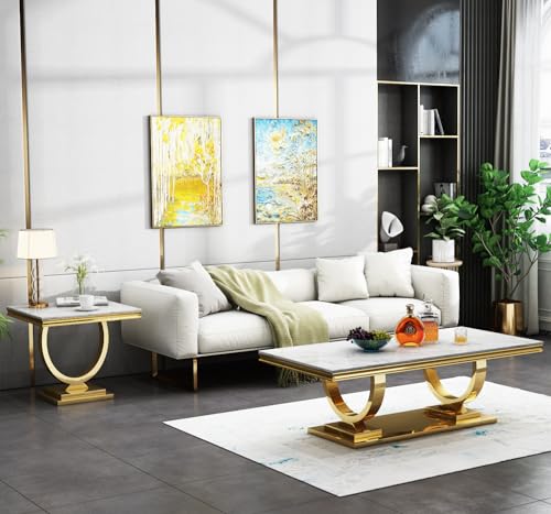 White Marble Coffee Table with Stainless Steel Pedestal Z99967