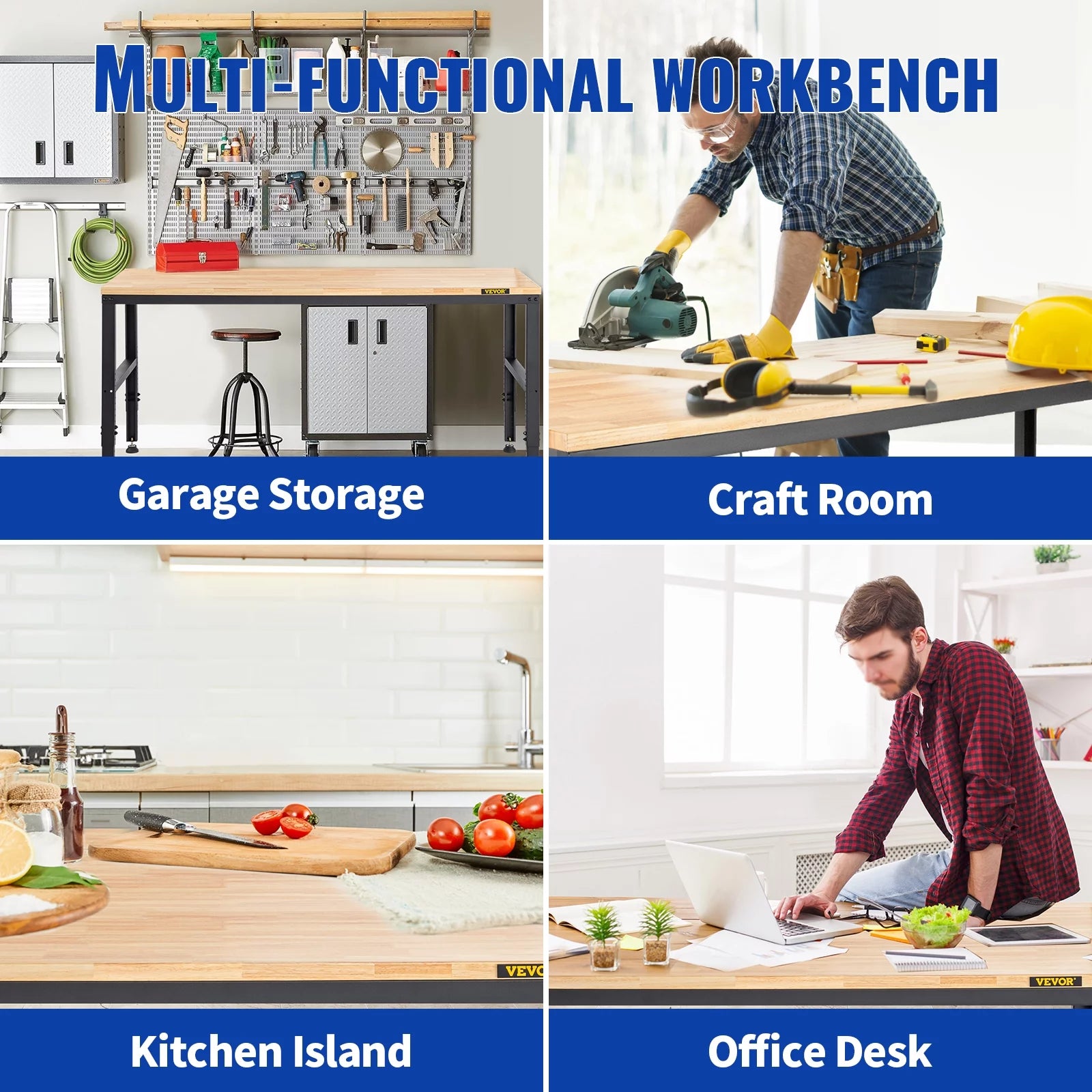 Adjustable Height Workbench with Power Outlets and Hardwood Top J13816