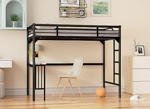 Black Metal Loft Bed Twin Size with Desk and Ladder D909881