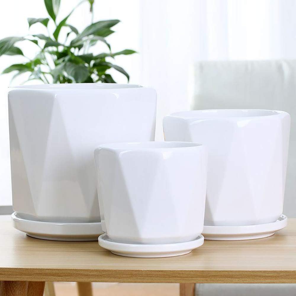 Set of 3 White Ceramic Plant Pots with Saucer R63547