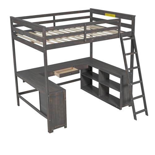 Full Size Solid Wood Loft Bed with Desk and Storage Drawers (White) N219