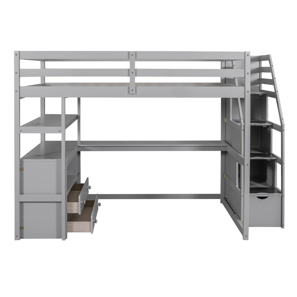 Full Wood Loft Bed with Desk, Storage Stairs, Two Drawers T505595