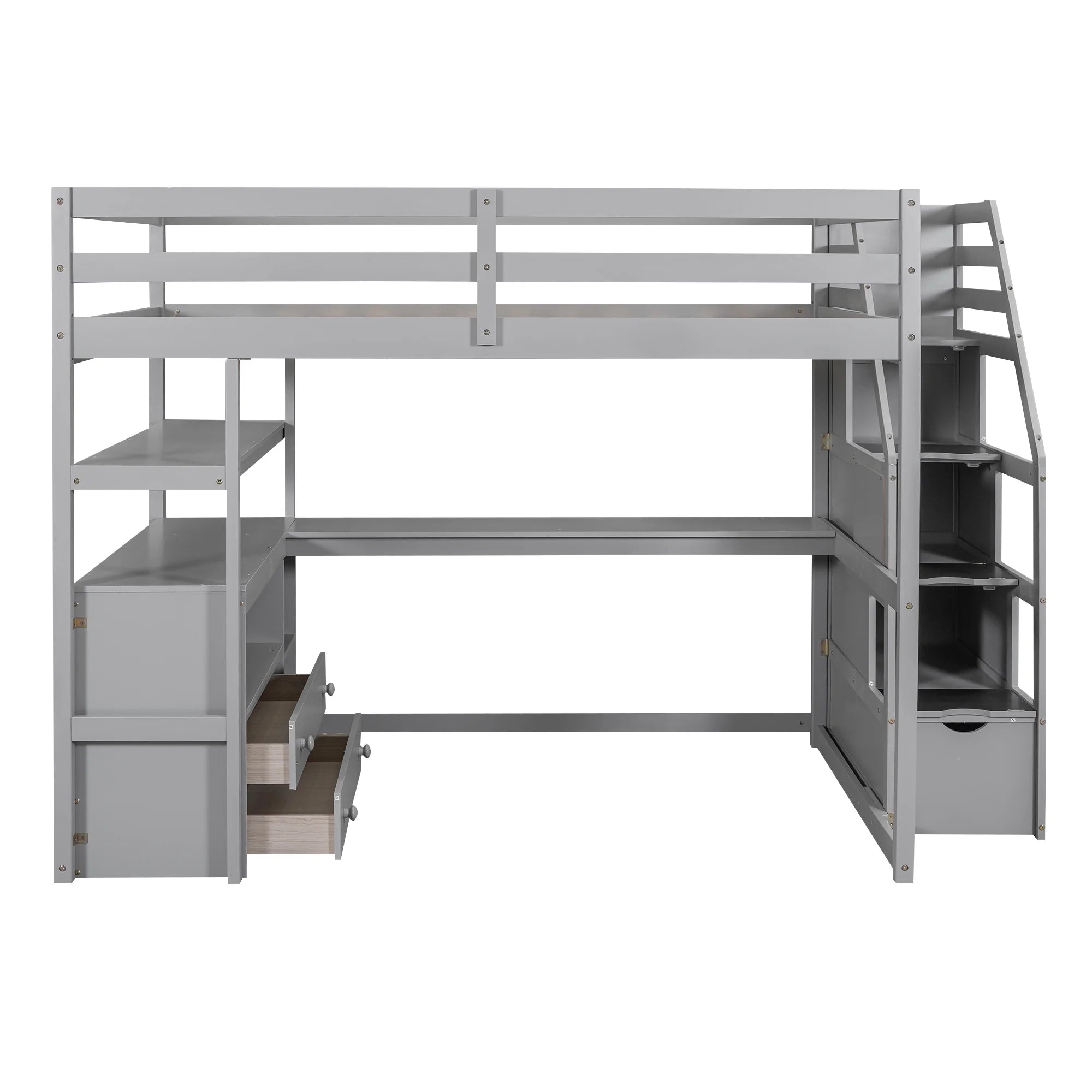 Full Wood Loft Bed with Desk, Storage Stairs, Two Drawers T505595