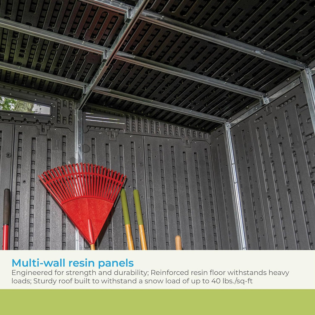 Gray and Black 10 Foot by 7 Foot Outdoor Plastic Storage Shed with Sliding Barn Door C610832