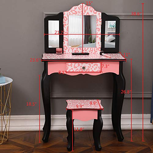 Pink Kids Vanity Table and Chair Set with Tri-Folding Mirror U93016