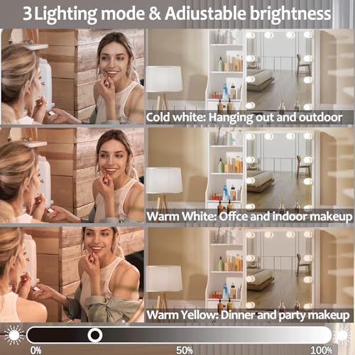 White Vanity Desk with Mirror, Lights, and Drawers with Cushioned Stool P943843