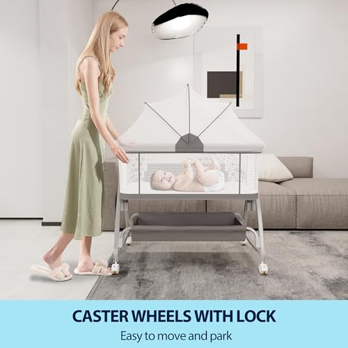 Baby Bassinet Bedside Sleeper, 3 in 1 Rocking Bassinet with Wheels, Adjustable Height, Storage, Mattress & Canopy X3850