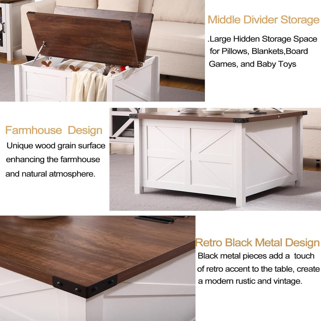 Farmhouse Square Coffee Table with Large Hidden Storage Compartment T26747