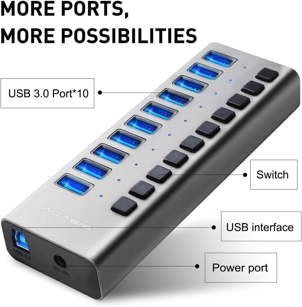 10 Ports 48W USB 3.0 Data Hub with Individual On/Off Switches and 12V/4A Power Adapter N4035