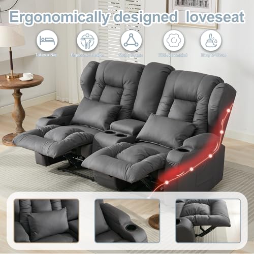 65" Manual Reclining Loveseat Sofa with Console and Cup Holders R10216