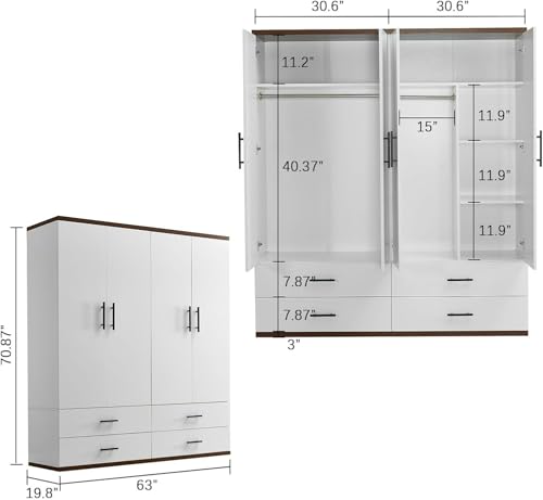 White 4 Door Wood Armoire Wardrobe with 2 Hanging Rods and 2 Drawers H6894