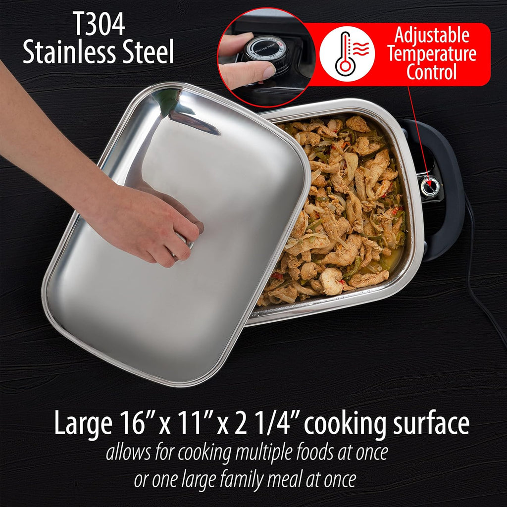 16-Inch Rectangular Stainless Steel Electric Skillet with Lid E5866