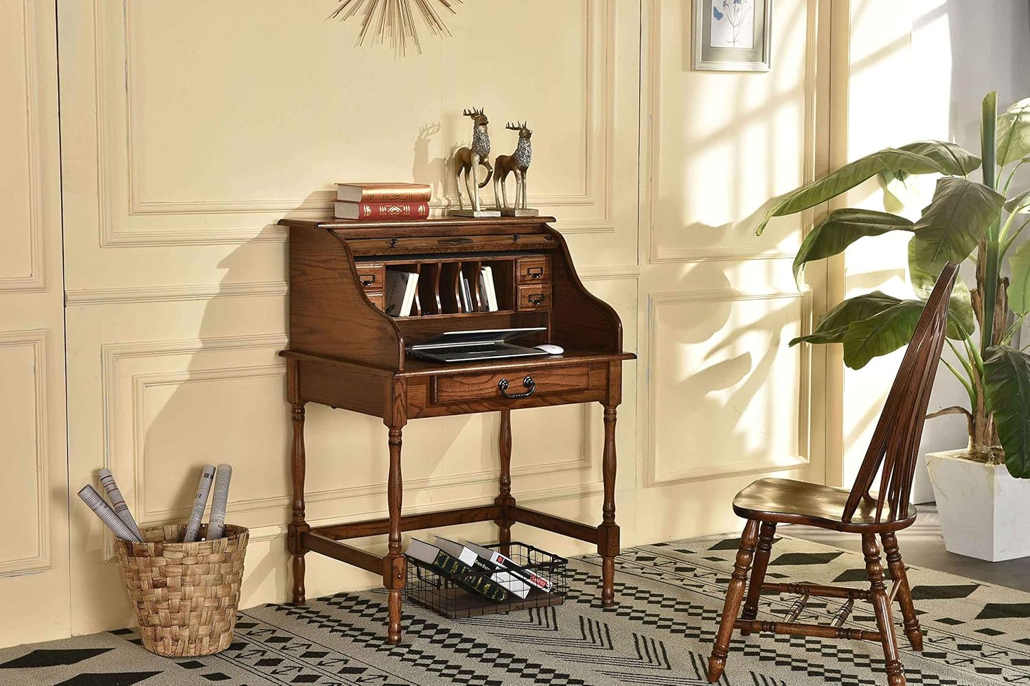Mini Roll Top Desk Solid Oak Wood Burnished Walnut Finish O82409