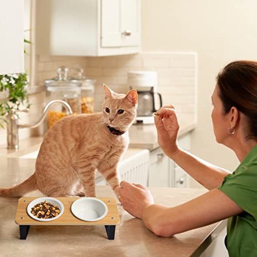 Ceramic Cat Bowl with Stand 15° Tilted Raised Cat Bowl Bamboo Cat Feeding Station K4416