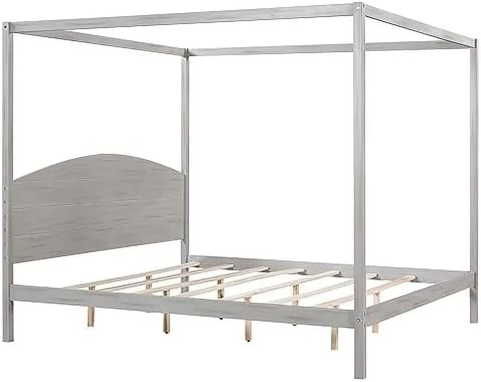 White Queen Size 4-Poster Wood Canopy Bed Frame with Headboard M989223