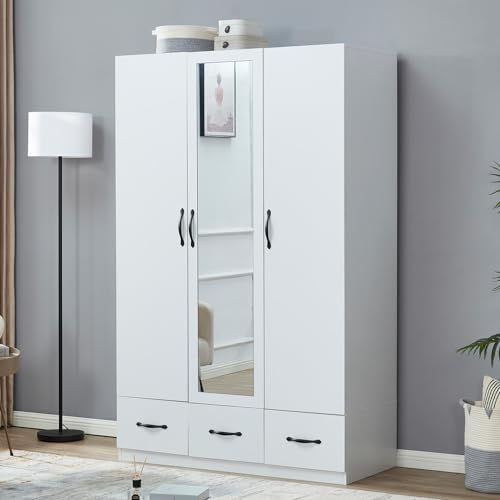 Rattan Armoire Wardrobe Closet Wood 71" Tall with 3 Doors 4 Drawers Mirror Hanging Rod and Shelves X5068