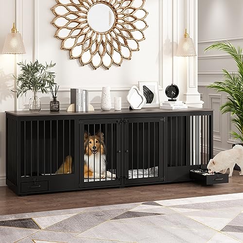 Black Heavy Duty Wooden Dog Crate with Dog Bowl Drawers & Divider L82682