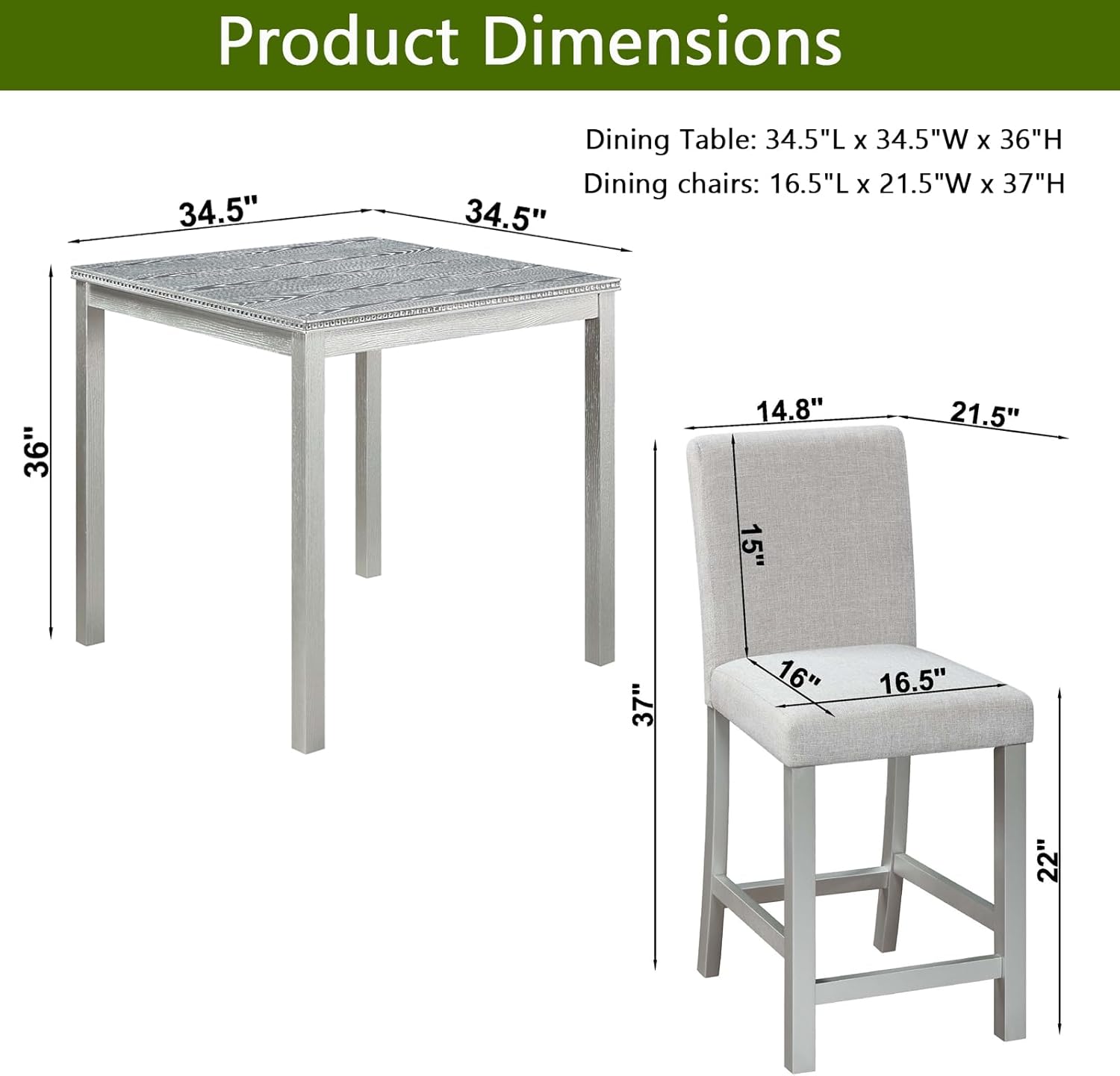 5-Piece Acacia Wood Counter Height Dining Table Set with 4 Upholstered-Seat Chairs B854