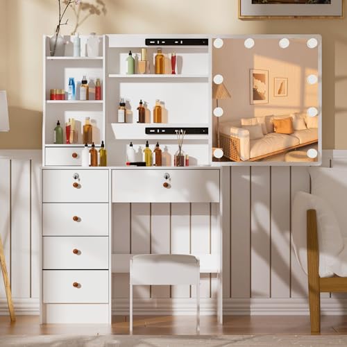 White Vanity Desk with Mirror, Lights, and Drawers with Cushioned Stool P943843