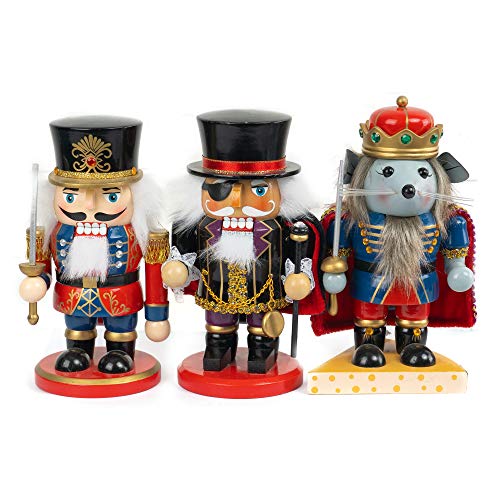3 Set Christmas Nutcrackers Figures, 7 Inch Handmade Wooden Nutcracker Decorations V8366