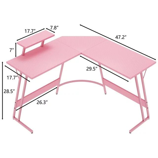 Pink 47 Inch L Shaped Computer Desk with Carbon Fiber Surface S50882